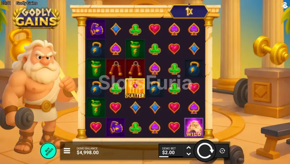 Pantalla principal del juego Godly Gains de Hacksaw Gaming