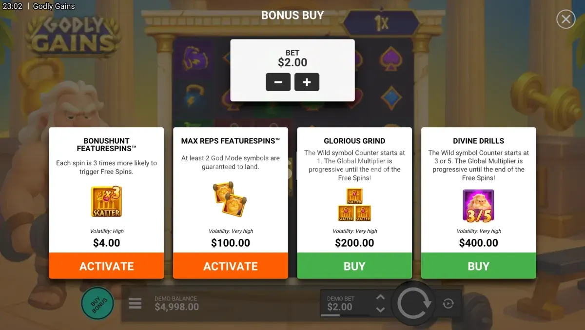 Función de compra de bonus en Godly Gains de Hacksaw Gaming