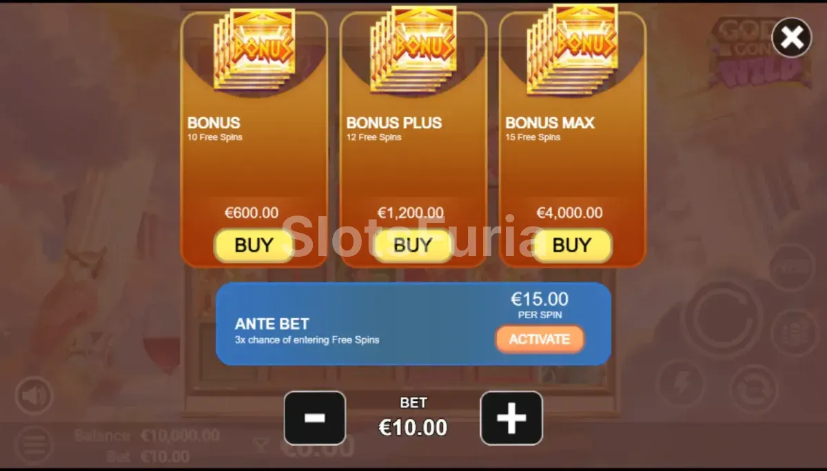 Función de compra de bono disponible en Gods Gone Wild