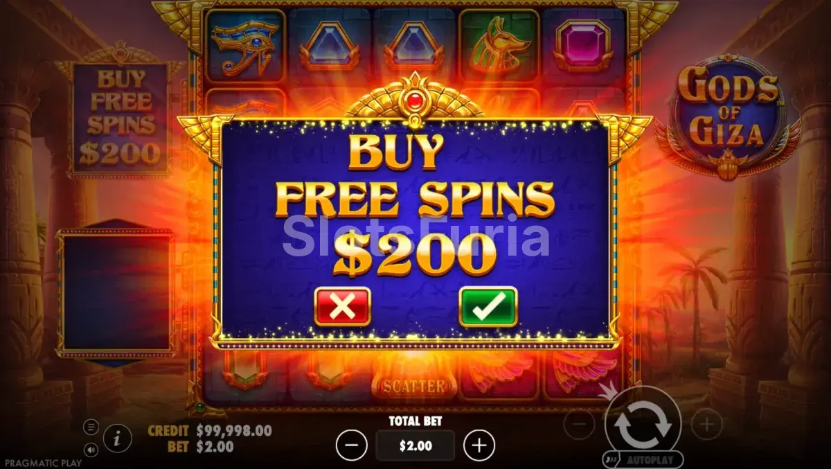 Pantalla de compra de bonus en Gods of Giza