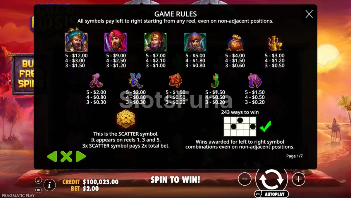Tabla de pagos de Gold Oasis con todos los símbolos