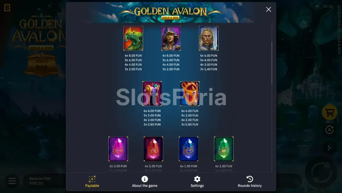 Tabla de pagos de Golden Avalon Hold & Win mostrando los símbolos premium