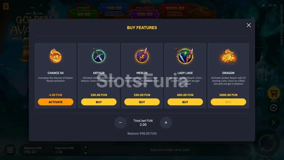 Pantalla de compra de bonus en Golden Avalon Hold & Win con las opciones disponibles