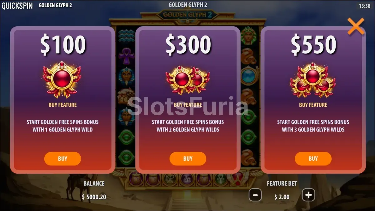 Opciones de compra de bonus en Golden Glyph 2