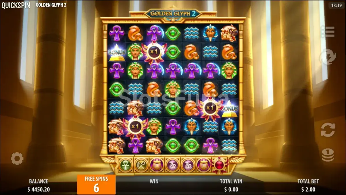 Ronda de giros gratis en Golden Glyph 2 con el símbolo Golden Glyph activo