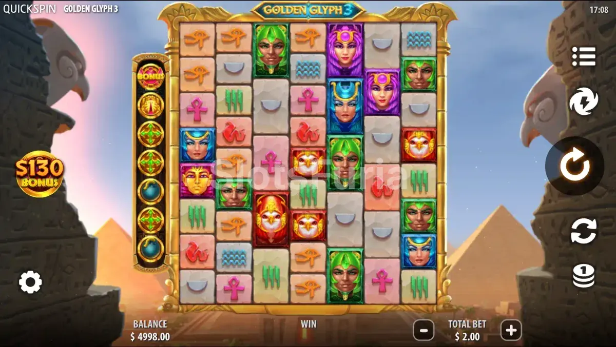 Pantalla principal del juego Golden Glyph 3 con la cuadrícula de 7 columnas