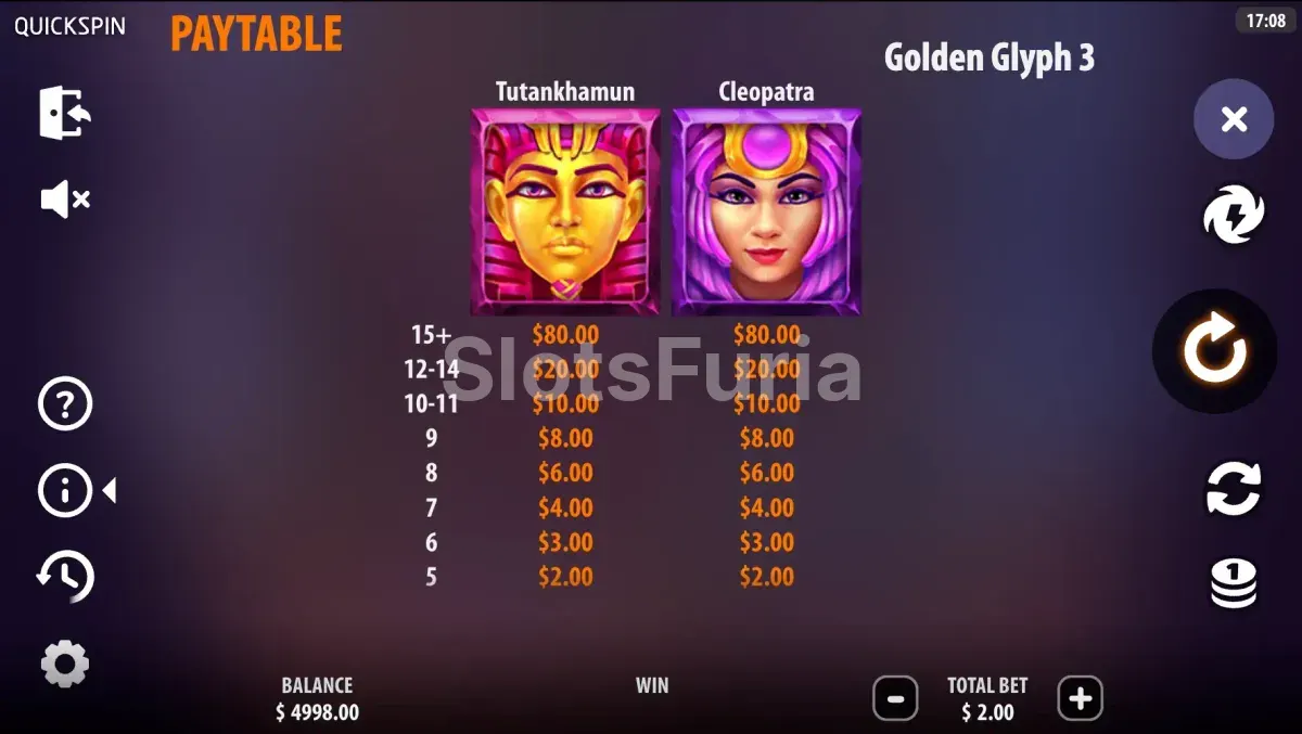 Tabla de pagos detallada de la slot Golden Glyph 3