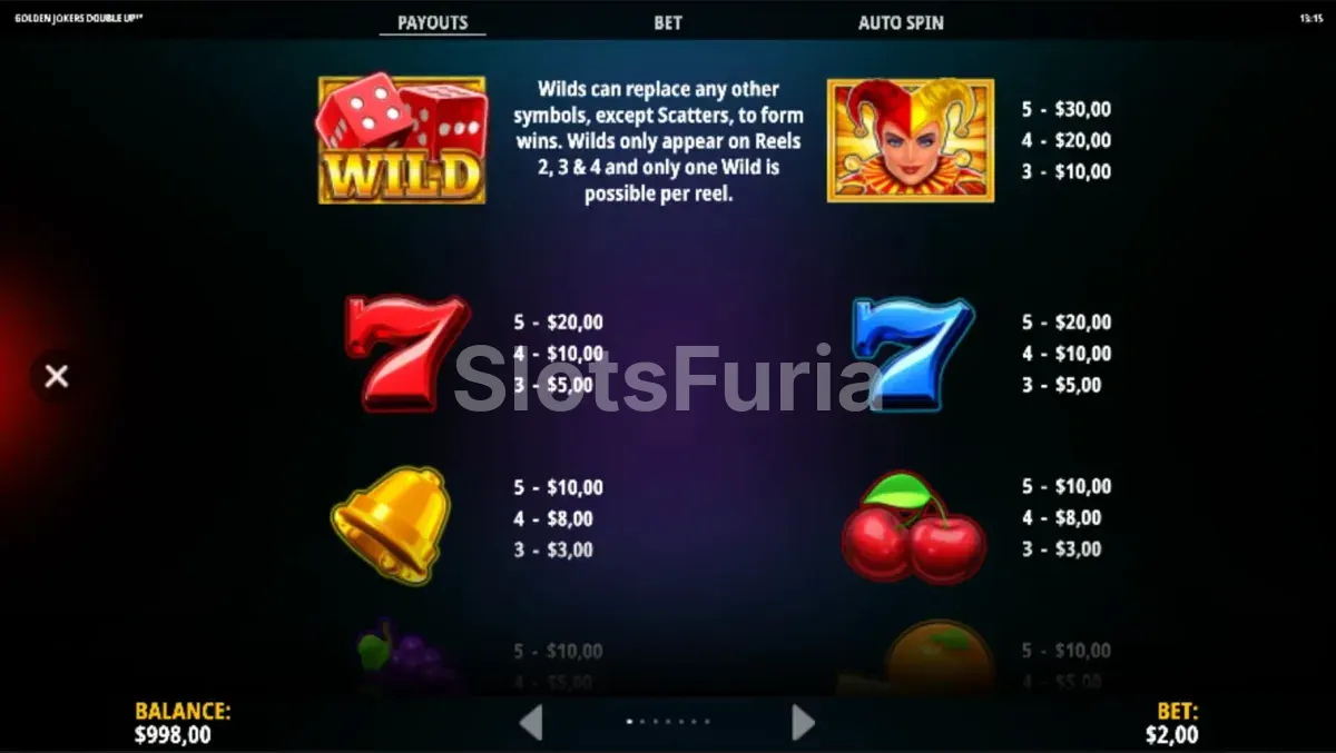 Tabla de pagos completa de Golden Jokers Double Up