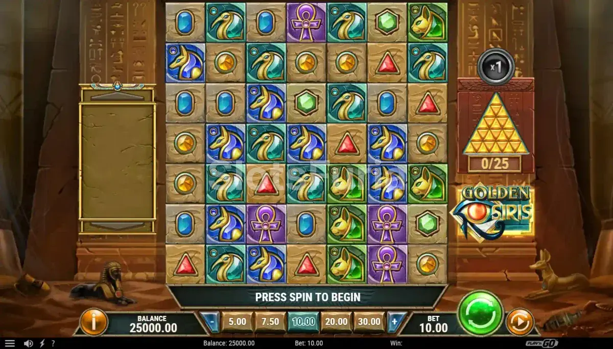 Pantalla principal del juego Golden Osiris con su cuadrícula 7x7