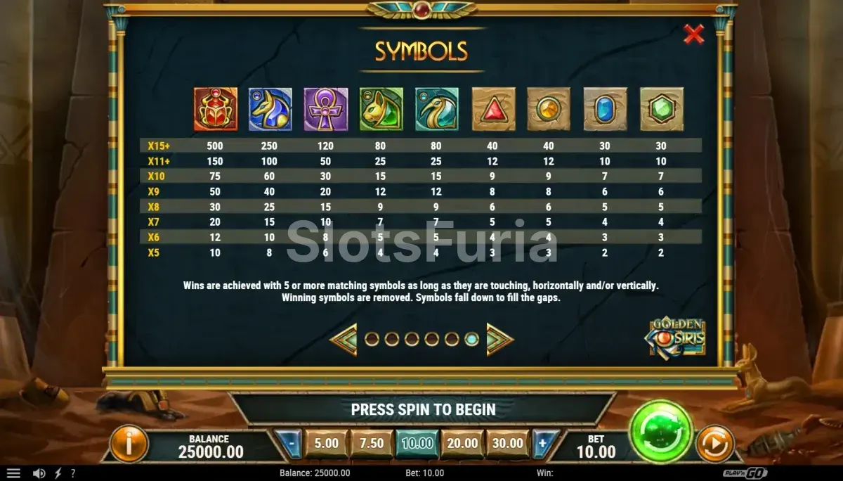 Tabla de pagos de Golden Osiris con los valores de cada símbolo