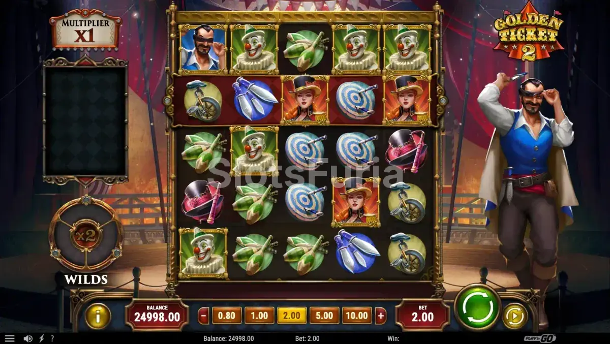 Juego base de Golden Ticket 2 con la cuadrícula del circo en acción