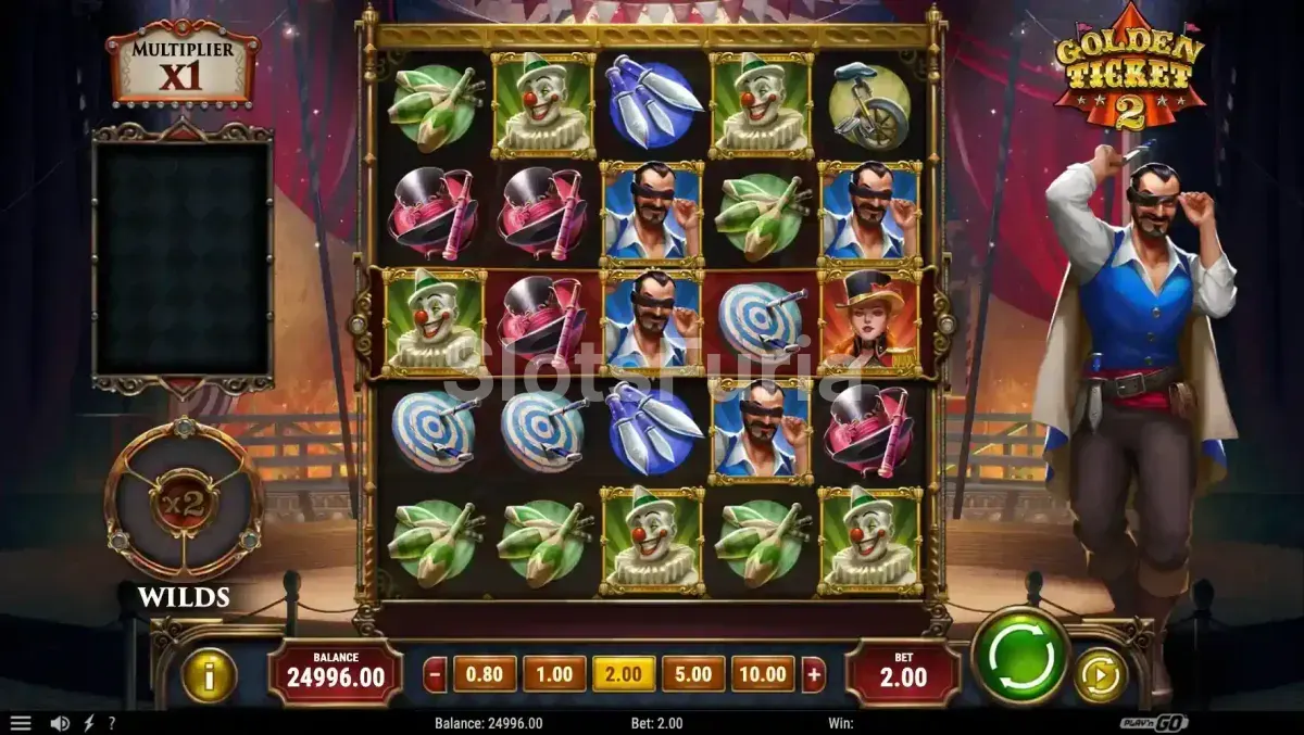 Segunda vista del juego base de Golden Ticket 2 mostrando las cascadas de símbolos