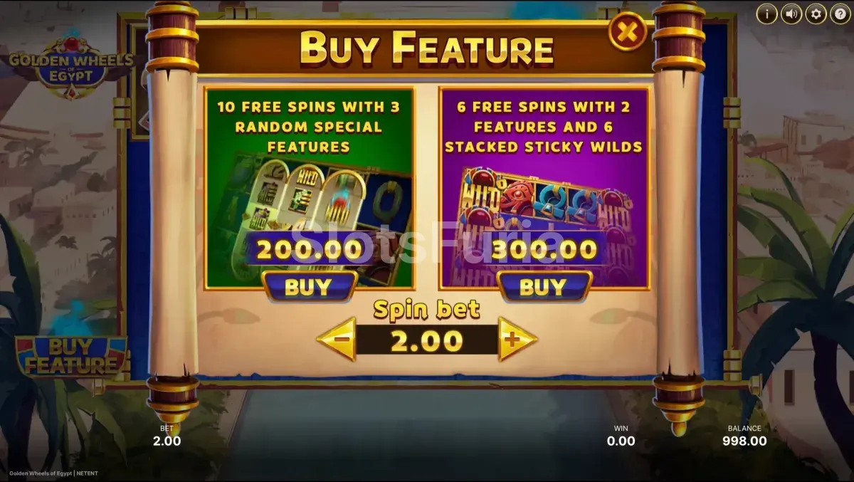 Opciones de compra de bonus en Golden Wheels of Egypt