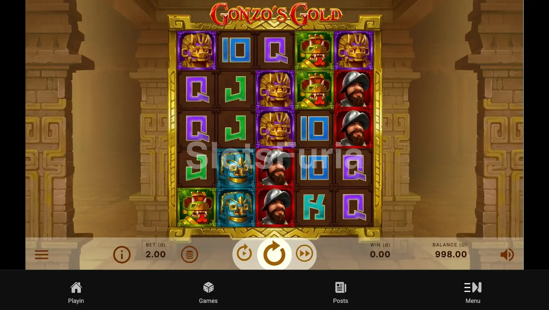Pantalla principal de Gonzo's Gold con el tablero de juego