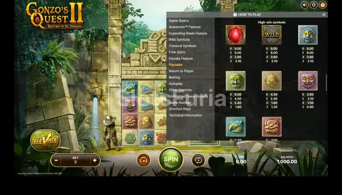 Tabla de pagos de Gonzo's Quest 2 con todos los símbolos y multiplicadores
