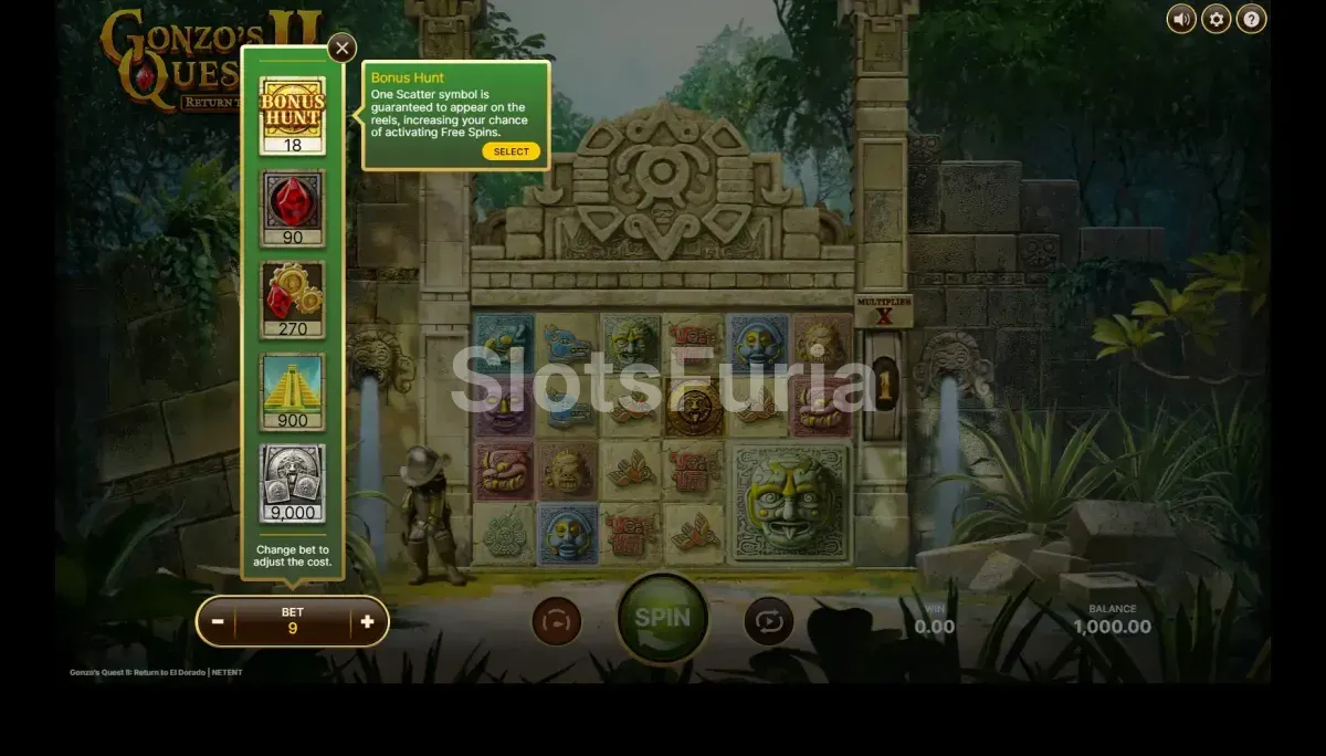 Pantalla de compra de bonos disponible en Gonzo's Quest 2