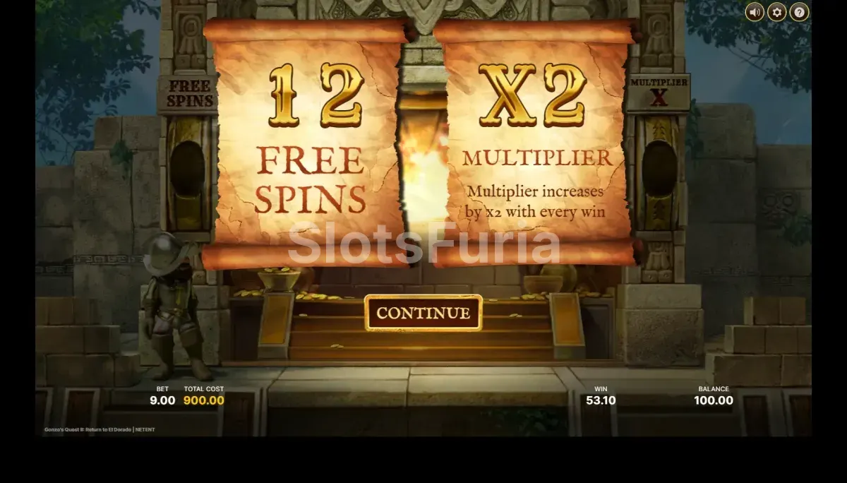 Ronda de giros gratis activada en Gonzo's Quest 2 de NetEnt