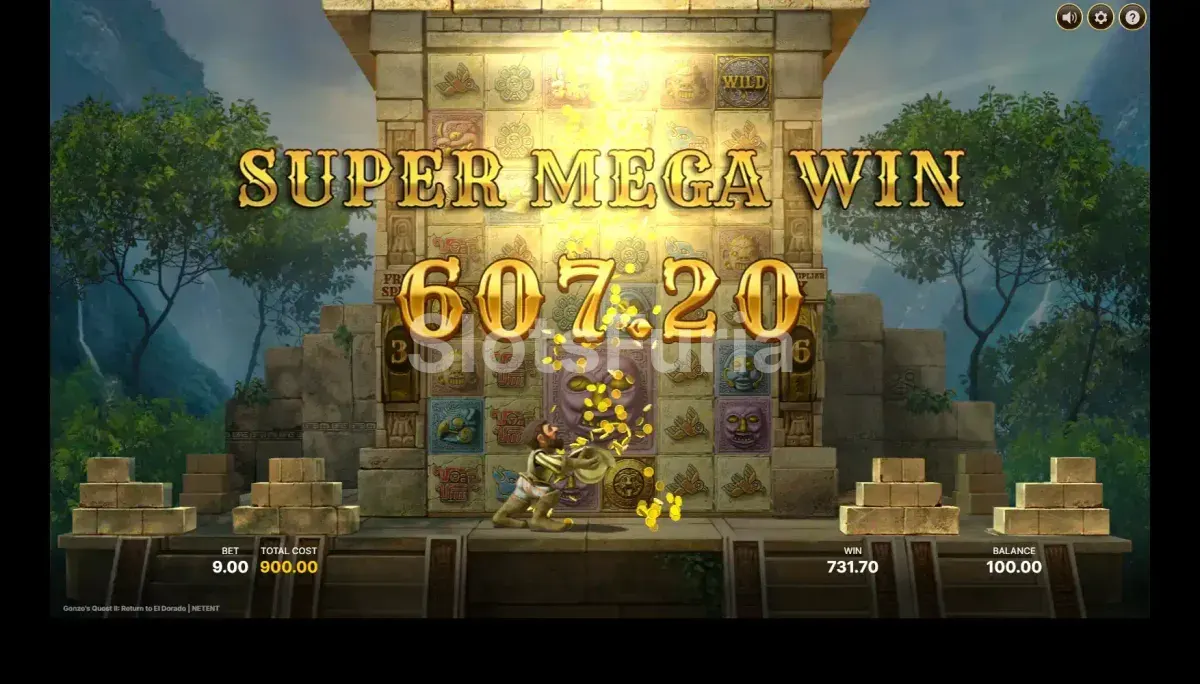Pantalla de gran victoria en Gonzo's Quest 2, mostrando el potencial de ganancias