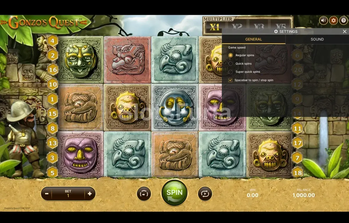 Pantalla de ajustes y opciones de Gonzos Quest