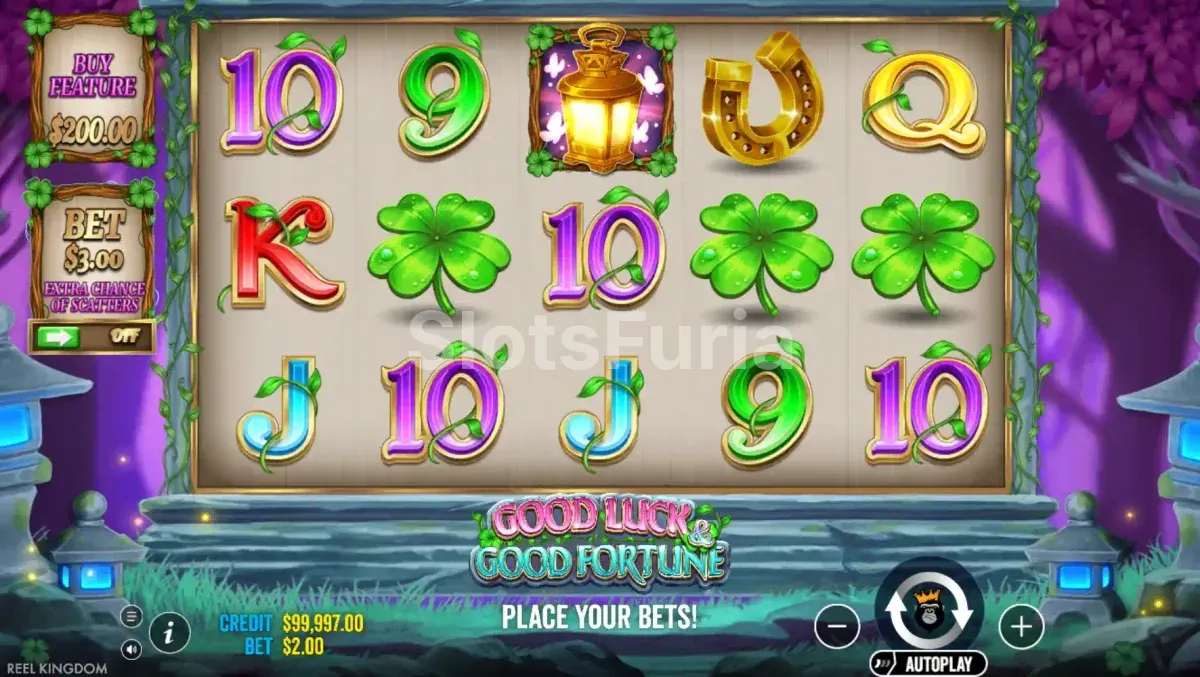 Pantalla principal del juego Good Luck & Good Fortune con sus 5 carretes