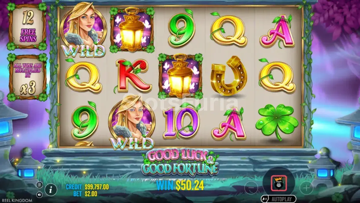 Ronda de tiradas gratuitas de Good Luck & Good Fortune con multiplicador activo