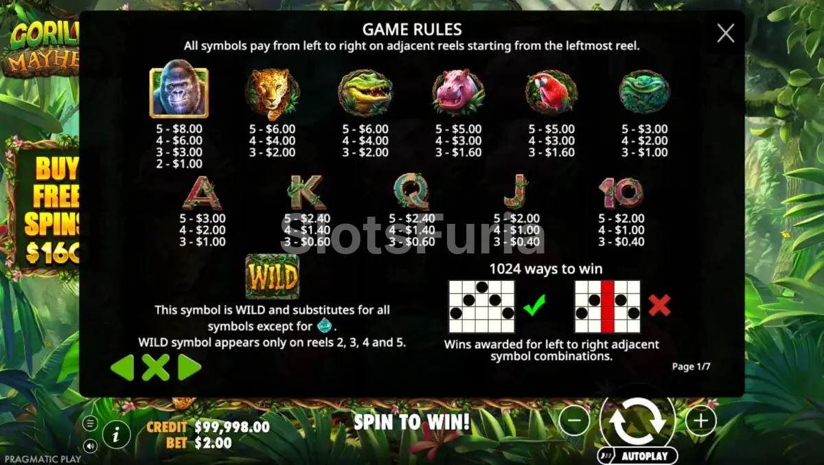 Tabla de pagos completa de Gorilla Mayhem con símbolos animales
