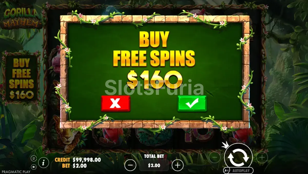 Pantalla de compra de bonus en Gorilla Mayhem con el coste de 80x la apuesta
