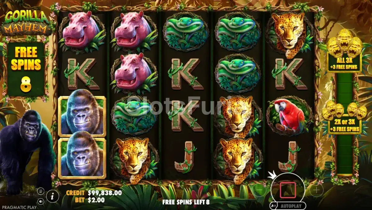 Ronda de giros gratis activada en Gorilla Mayhem con multiplicadores