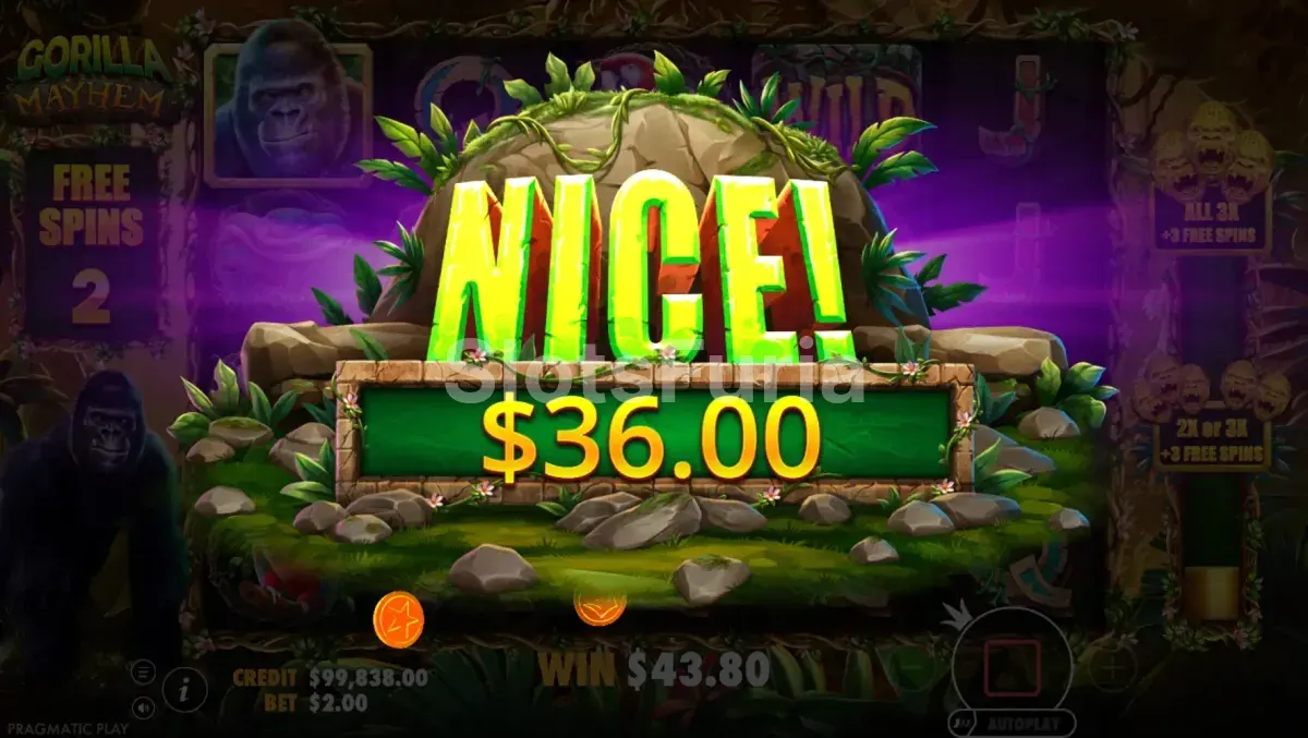 Gran victoria en Gorilla Mayhem con multiplicadores activos en los giros gratis
