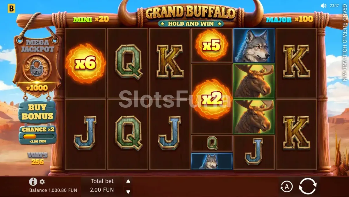 Pantalla principal del juego Grand Buffalo Hold & Win con sus 6 carretes