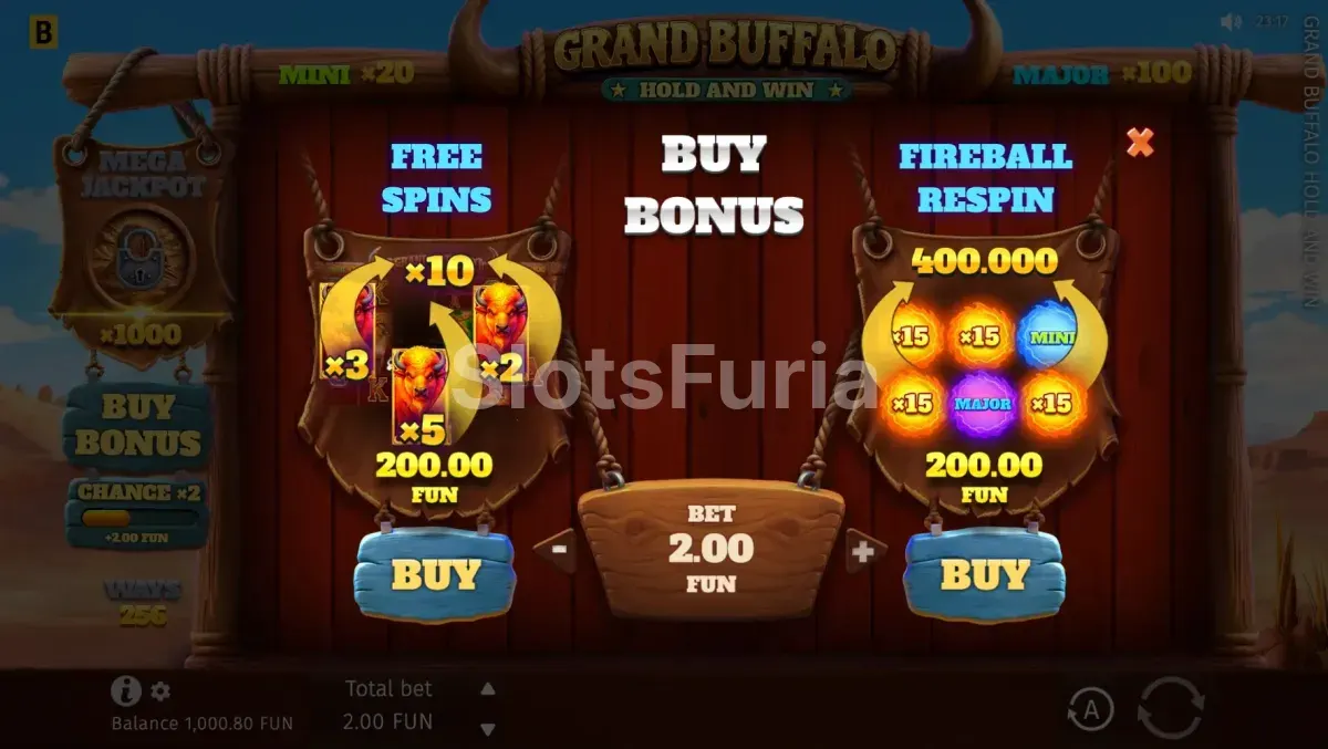 Función de compra de bonus en Grand Buffalo Hold & Win