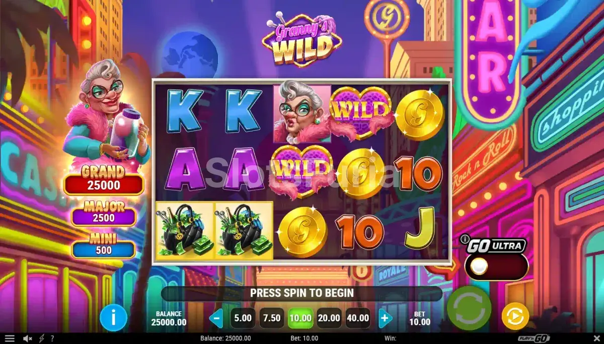 Pantalla principal del juego Granny's Wild con los cinco rodillos en acción
