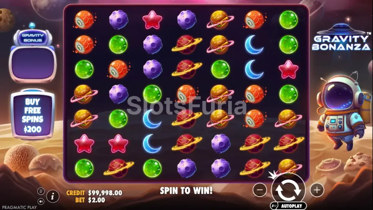Pantalla principal del juego base en Gravity Bonanza