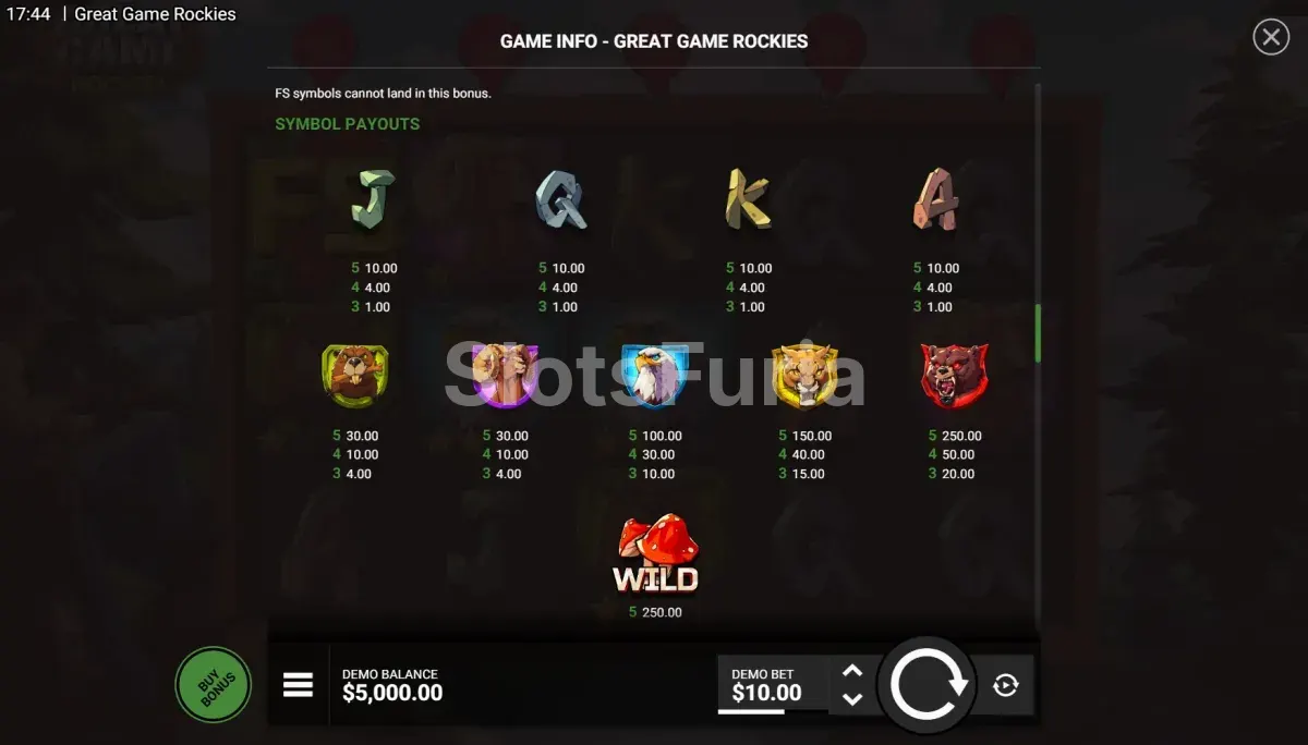 Tabla de pagos de Great Game Rockies con símbolos de animales y monedas