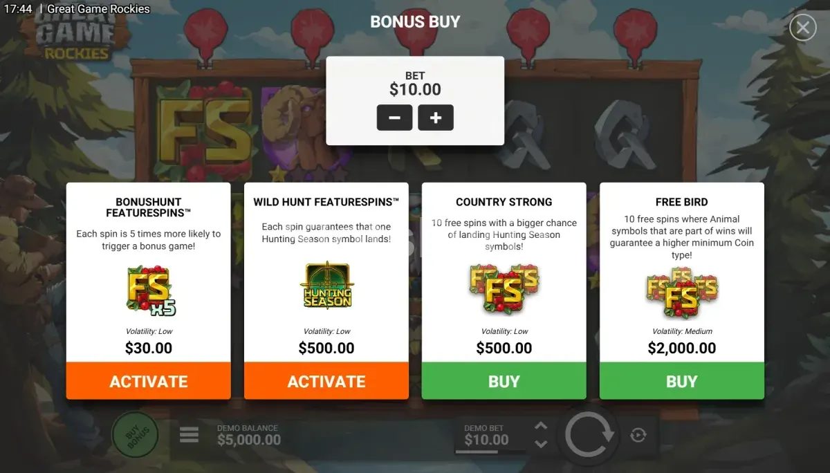 Pantalla de compra de bonus en Great Game Rockies con cuatro opciones disponibles