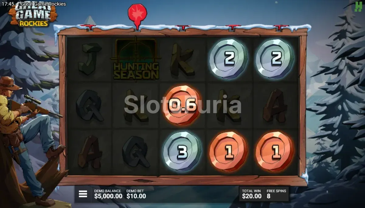 Ronda de giros gratis de Great Game Rockies con símbolos de temporada de caza activos
