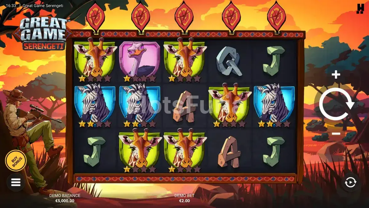 Pantalla principal de Great Game Serengeti con los rodillos en acción