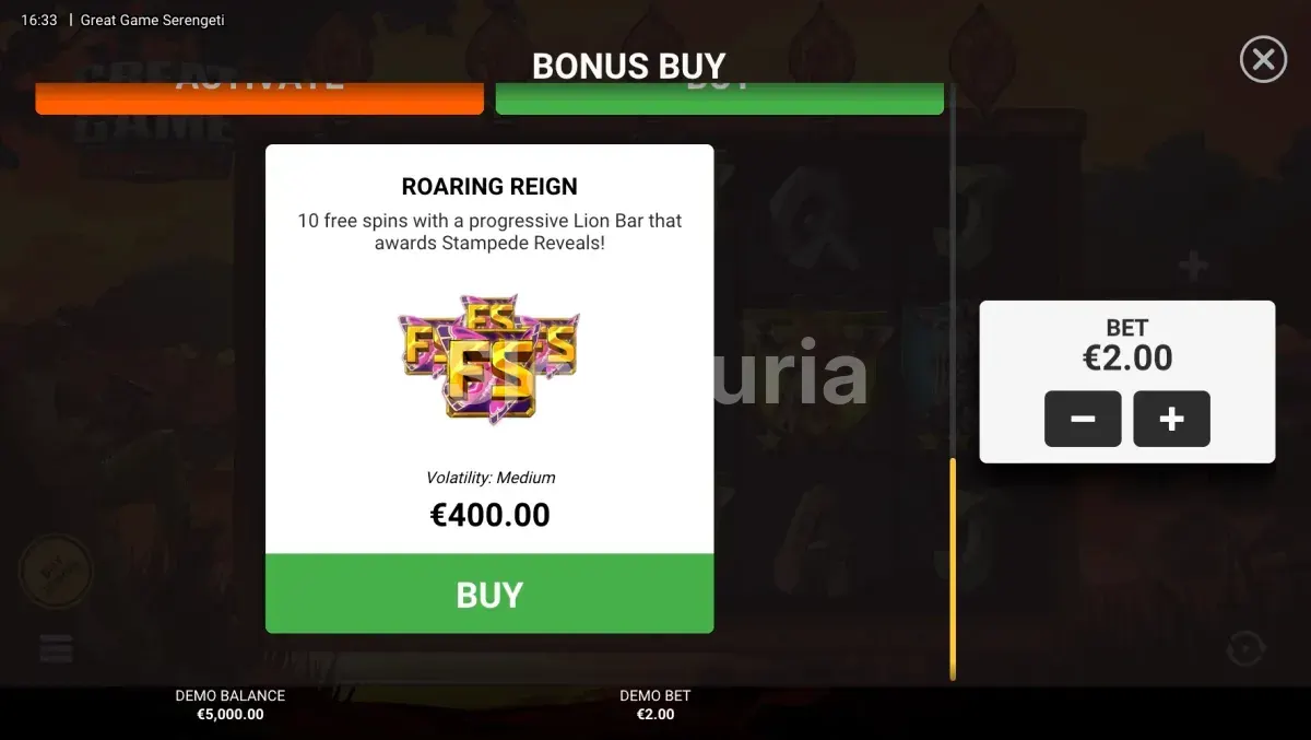 Pantalla de compra de bonus en Great Game Serengeti