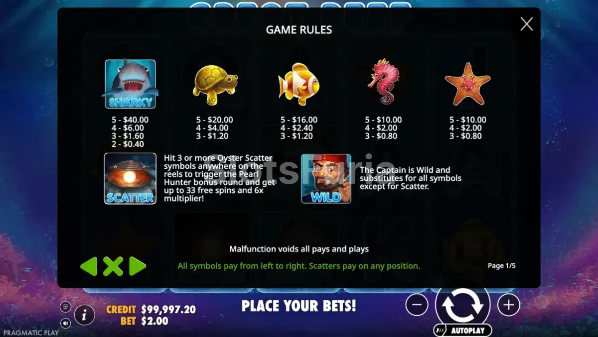 Tabla de pagos de Great Reef con todos sus símbolos y premios