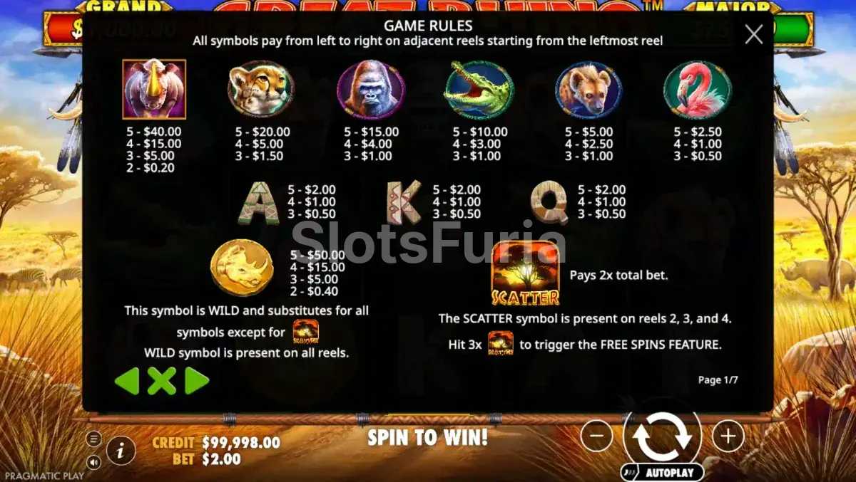 Tabla de pagos de Great Rhino Deluxe con todos los símbolos y multiplicadores