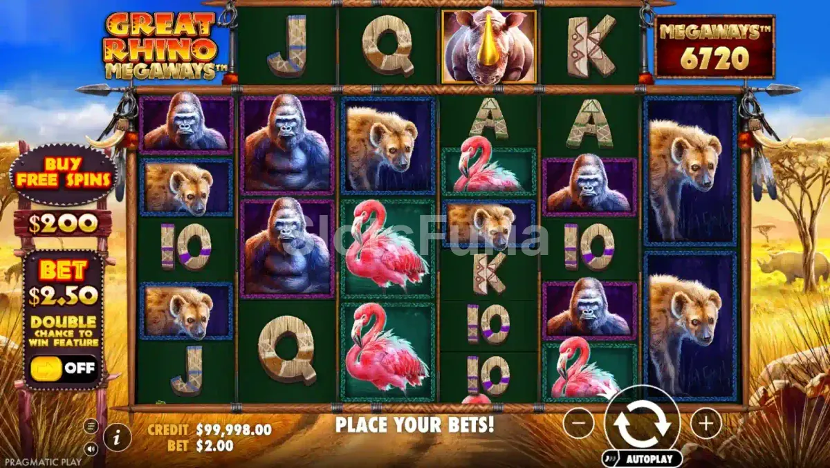 Juego base de Great Rhino Megaways con los carretes en acción
