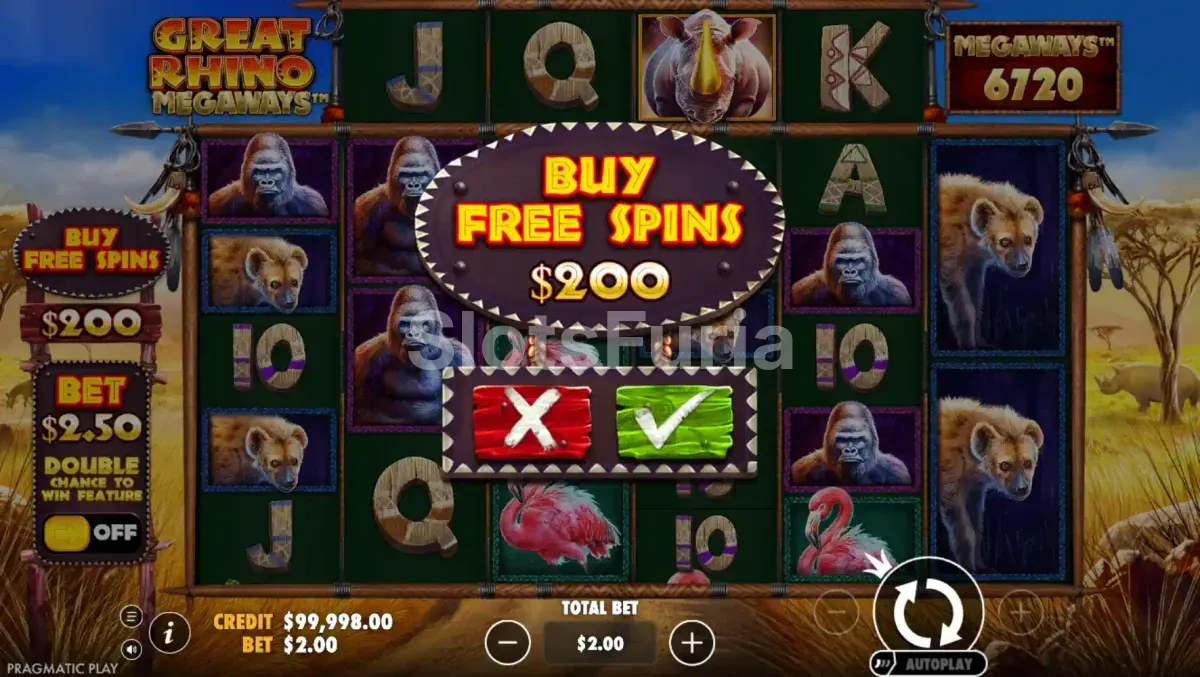 Función de compra de bonus en Great Rhino Megaways de Pragmatic Play
