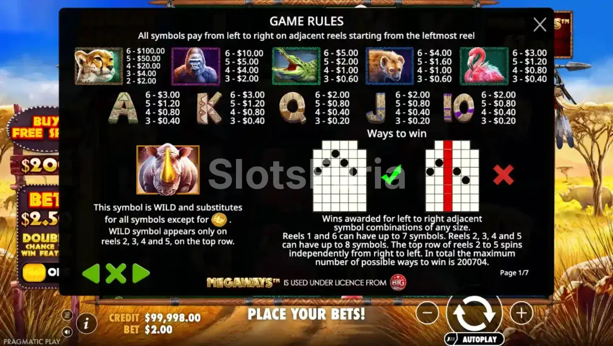 Tabla de pagos de Great Rhino Megaways con todos los símbolos