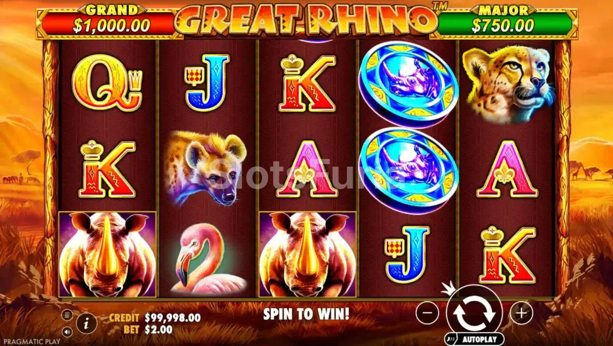 Pantalla principal del juego Great Rhino con la sabana africana de fondo
