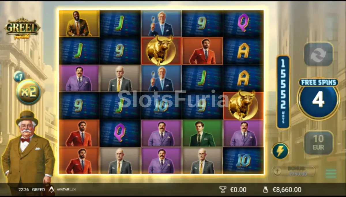 Ronda de giros gratis de Greed con multiplicadores activos en pantalla