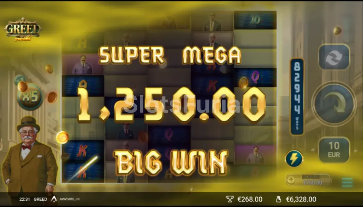 Pantalla de gran victoria en Greed mostrando una ganancia espectacular