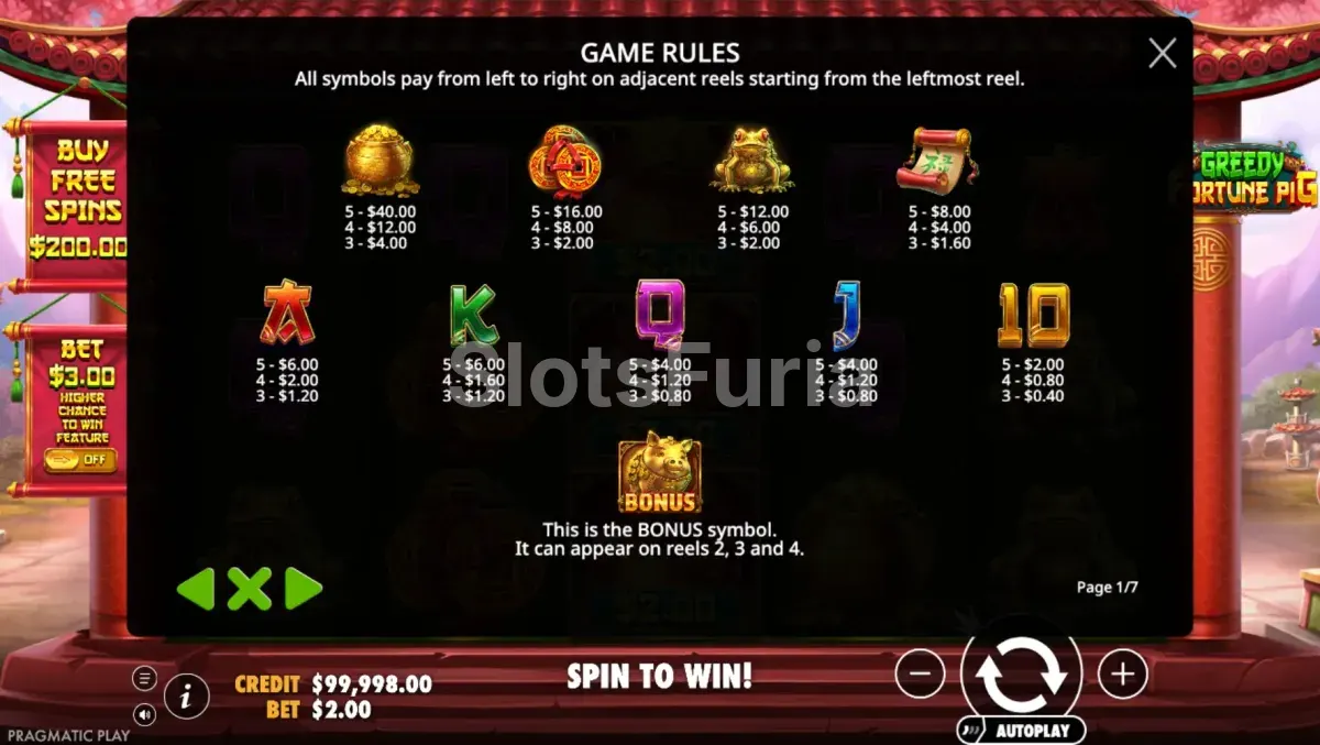Tabla de pagos de Greedy Fortune Pig con multiplicadores y símbolos especiales