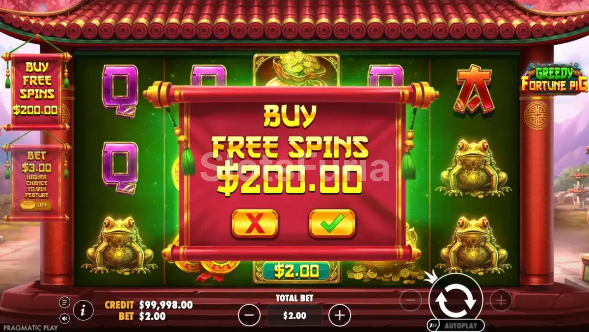 Menú de compra de bonus en Greedy Fortune Pig con opciones de activación directa