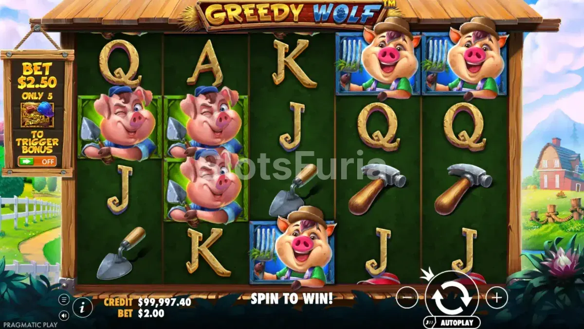 Pantalla principal de Greedy Wolf con el lobo en escena