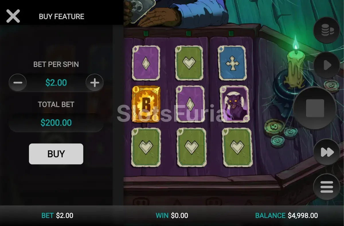 Pantalla de compra de bonus en Grim The Splitter Dream Drop con las opciones disponibles